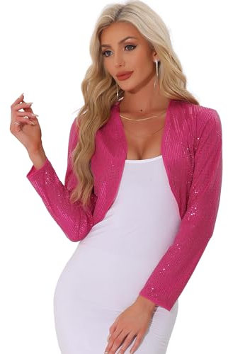 Allegra K Boléro à Paillettes pour Femme Ouvert sur Le Devant Haussement d'Épaules Veste Court Scintillante Tenue pour Soirée Haut de Soirée Rose Vif M