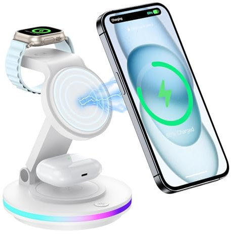 mag Safe - Estación de Carga inalámbrica, 3 en 1, Plegable, estación de Carga inductiva para Apple Watch y iPhone 16,15, 14, Soporte de Carga Giratorio, Cargador inalámbrico con luz Nocturna