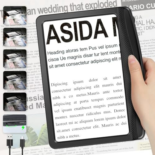 4X Wiederaufladbare Lupe zum Lesen, Vollseitenlupe mit dimmbarer LED, leichte Handlupe mit Licht zum Lesen von Büchern, Zeitungen, Kleindruck für Senioren