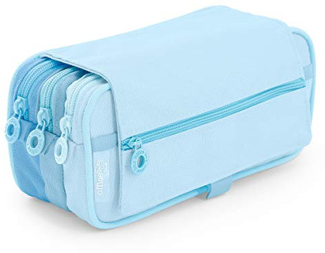 office box Estuche Triple Blush Pastel el Original- Porta Lápices de 3 Grandes apartados con Cierres de Cremallera, Múltiples Bolsillos y Horario e identificador. (Azul)