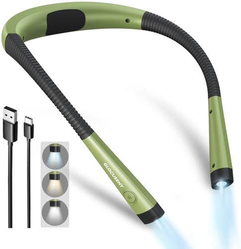 Glocusent Leselampe Hals, Leselampe Bett mit 3 Farben & 6 Helliggkeitsstufen, Buchlampe Wiederaufladbar 80 Stunden Dauer, Biegbare Arme, Leselicht Halslampe für Lesen Stricken Häkeln Nähen Reparieren