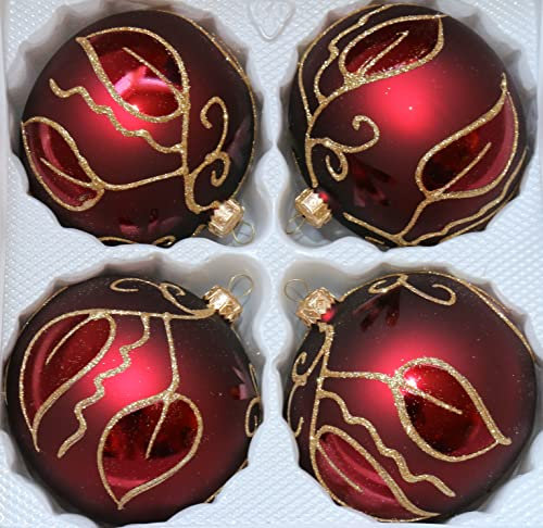 Matte dunkelrote Weihnachtskugeln mit golden glitzernden Applikationen in Form von Blättern Durchmesser 10 cm 4er Set