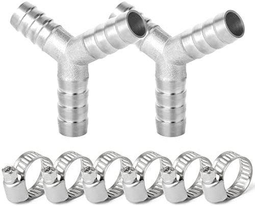 ERGAOBOY - 2 piezas de boquillas de manguera en T de acero inoxidable de 10 mm, conector de manguera de 3 vías en forma de Y SUS 304 con 6 abrazaderas