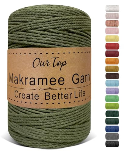 OurTop Premium Makramee Garn Armeegrün, 3mm x 300m Macrame Cord Makramee Schnur Makramee Kordel, Garn für DIY Handwerk, Weben Dekoration, Hängepflanze Pflanze Aufhänger