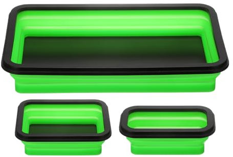 sourcing map 3pcs Collapsible Magnetic Parts Tray Set 3 Different Size Foldable Small Metal Parts Tool Tray Rectangle Silicone Bowls for Fixing Screw Bolts Nuts Washers Pins, Green