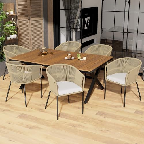 DRIXNO Garten-Essgruppe, 7-TLG, Garten-Lounge-Set aus Seil, 6 Sessel und 1 Tisch, Tisch aus Akazienholz, Mit Fußpolstern und Sechs Sitzkissen, Abnehmbar und Waschbar