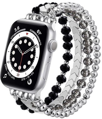 V.R.HOPE Beaded Straps Compatible with Apple Watch Straps 40mm 42mm 41mm 38mm Women, Unique Elegant Pearl Band for iWatch SE Series 11 10 9 8 7 6 5 4 3 2 1 - Black Silver, Small