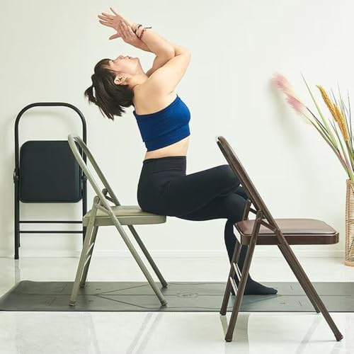OPOLDBDMAC Pilates-Yoga-Stuhl Braun Klappbarer Yoga-Hilfsstuhl,Tragbarer Rückenfreier Fitnessstuhl,Faltbarer PU-Oberfläche-Klappstuhl Mit Rutschfesten Fußbezüge (Brown)