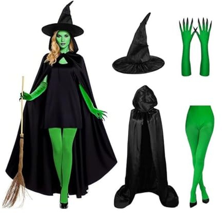 Hexenhut Handschuhe – Gruseliges Party-Set, elegantes Cosplay-Set, detailliertes Zubehör-Set, leuchtend grüne Klauen-Designcharakteristik | Kreative Kostümlösung