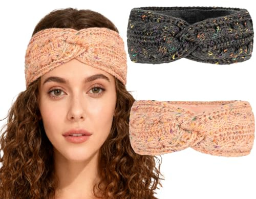 B-HOT Warm Knitted Headband 2 Pack Winter Thick Fleece Ear Warmers Ladies Elastic Crochet Head Wrap for Skiing Running Pink/Dark Grey