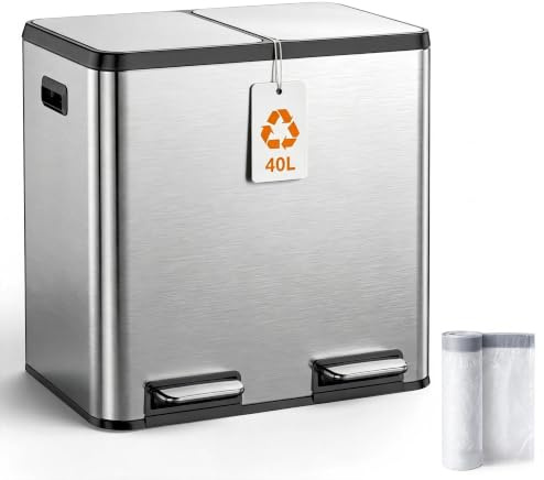 YEAUPE PRO Poubelle Cuisine 40L (2x20L) 2 Bacs Inox Double Poubelle | à Pédale, Poubelle de Tri Recyclage & Déchets Résiduels, Fermeture Soft Close, Anti Odeurs, Seaux Amovibles, avec 15 Sacs