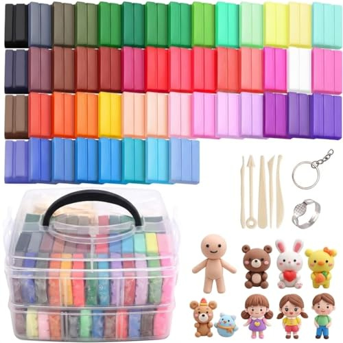 Polymer Clay Set 50 Colors Oven Bake Kit, 5 Sculpting Tools and Accessories Included, Modeling Clay Craft Set for DIY Jewelry Art Gifts for Beginners Adults