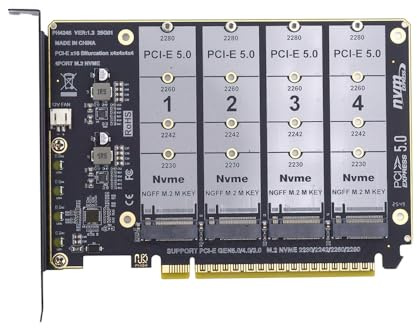 xiwai Adaptateur Raid NGFF 4X NVMe M-Key M.2 SSD vers PCIe Express 5.0 Gen5 Gen4 X16 avec Bifurcation détachable VROC Raid0 Hyper