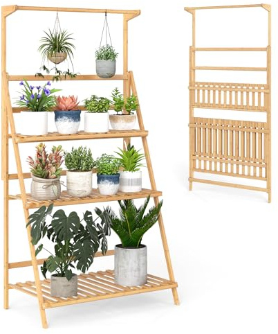 RELAX4LIFE Porte Plante Intérieur en Bambou, Étagère Plantes Pliable à 3 Niveaux, Tige de Suspension, Barres de Sécurité, Pieds Surélevés, Support Plante en Escalier pour Intérieur Balcon