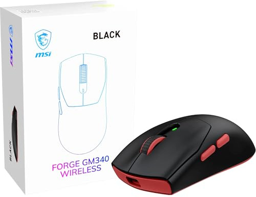 MSI Forge GM340 Wireless Black Gaming-Maus, kabellos/kabelgebunden, 12000 DPI, 1000 Hz Abfragerate, symmetrisches Design, 50+ Millionen Klicks, 6 Tasten, 82 Stunden Akkulaufzeit, 1 ms Latenz, 57 g
