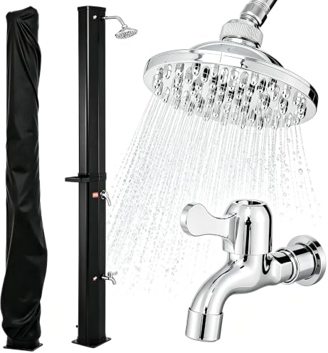 HOMASIS 227 cm Ducha Solar Exterior de 60 L (Negro) | Ducha de Jardín con Cabezal Giratorio a 360°, Jabonera, Grifo para Pies y Funda Protectora, Ajuste de Agua Caliente y Fría