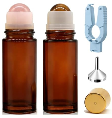 Mentens Pack 2 Roll-On 50ml Vacío Vidrio Ámbar con Bola Cuarzo Rosa y Ojo de Tigre – Envase para Aceites Esenciales, Rollon Rellenable, Desodorante Natural – Incluye Abrebotellas