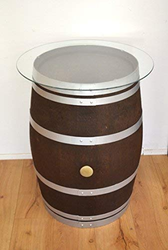 Temesso Dekofass, Stehtisch aus echtem Weinfass, Gartentisch mit Glas -Tischplatte D80cm - Fass in verschiedenen Variationen (Fass palisanderfarben mit silbernen Ringen)