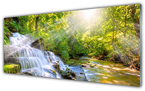 Tulup Impression sur Verre de 125x50 cm - Image - Tableau - Photo décorative panoramique - Nature Chute d'eau Forêt