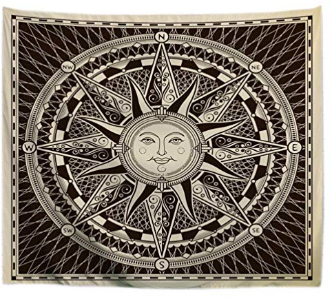 A.Monamour Wanddekor Wandteppiche Klassische Vintage Runde Nautische Sonne Kompass Rose Stammes Ethnischen Ornamente Drucken Stoff Wandbehang Tapisserie Für Schlafzimmer Wohnkultur 180x200cm