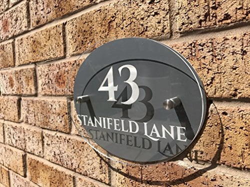 One of a Kind UK Modern Personalised House Sign Stylish Acrylic Door Plaque with Custom Name, Number & Address Laser-Cut Design for Home or Office Weatherproof & Durable Wall Sign Grey & Glass Effect