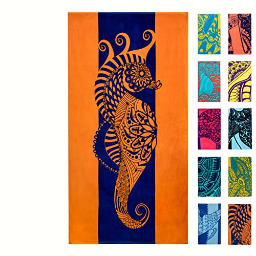 Nova Blue Strandtuch Seepferdchen, blau und orange mit tropischem Design, extra groß, XL (86,4 x 160 cm), lebendiges, buntes Pooltuch aus 100% Baumwolle