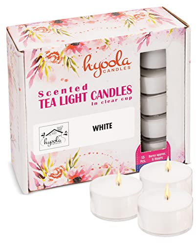 Hyoola Scented Tealight Candles - Clear Cup - White Scented Tealights Candles - 6 Hour Burn Time - 15 Pack - European Made
