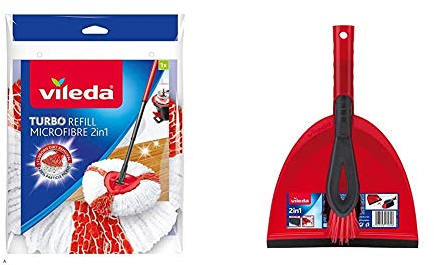 Vileda EasyWring and Clean Turbo 2-in-1 Microfibre Mop Refill Head, White/Red & Brush Set