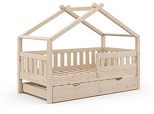 VitaliSpa Hausbett Design, Bett aus Holz, Naturholz, 80x160 cm mit Gästebett