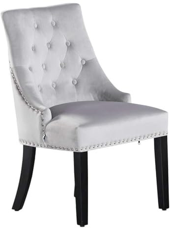Life Interiors Chaise Capitonnée en Velours Windsor - avec Anneau en Métal - Style Classique & Design - Pieds en Bois - Salle à Manger, Salon ou Coiffeuse (Gris Clair, 1)