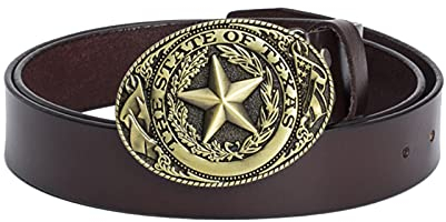 Unisex Gürtel Rindsleder Ledergürtel Für Damen Und Herren, Länge 100-130 cm, Breite Ca. 3,8 cm, Mit Western Cowboy Geschnitzte Texas Star Kupferschnalle,Kaffee,120cm/waist:40~42