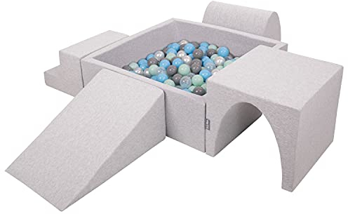 KiddyMoon Spielplatz Aus Schaumstoff Mit Quadrat Bällebad (200 Bälle) Ballgruben Für Babys Spielbad Hindernisläufen, Hergestellt In Der EU, Hellgrau:Perle/Grau/Transparent/Babyblue/Minze