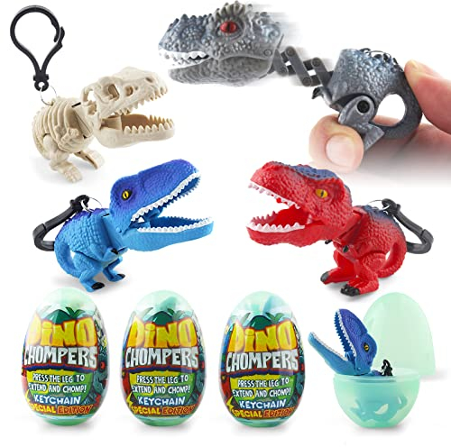 DINOBROS Überraschungseier mit Dinosaurier-Spielzeug im Inneren, 4 Eierspielzeuge aus Kunststoff, gefüllt mit Dino Chomper-Schlüsselanhängern, Geburtstagsparty-Geschenken, Mehrfarbig