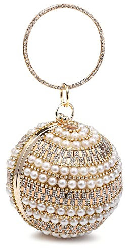 Women's Small Shiny Sparkling Elegant Ball Shape Pearl Studded Crystal Diamanti Evening Clutch Bag For Wedding Bridal Prom Party Clutch Dinner (gold)