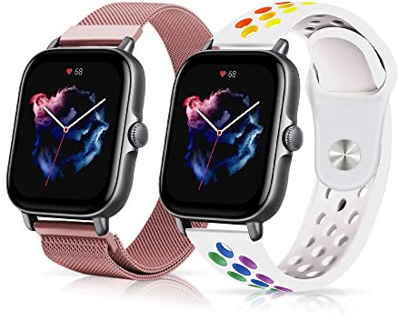 LanQii 2 Pièce 20mm Bracelet pour Amazfit Active 2/Active/Bip 3/Bip 3 Pro/Bip/Bip S, Silicone+Métal Bracelet pour Amazfit GTR Mini/GTR 42mm/GTS 4/GTS 4 Mini/GTS 3/GTS 2 - Rose+Blanc