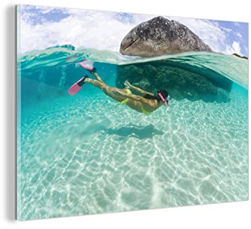 MuchoWow Glasbild Glasfoto Wandbild Bilder Deko 60x40 cm Meer - Tauchen - Türkis
