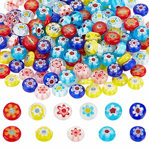 SUNNYCLUE 1 caja de 180 piezas de 6 colores de Cuentas de Cristal de Flores de Murano Hechas A Mano Millefiori Cuentas Planas Redondas de Flores Sueltas Espaciador de Cuentas para Bisutería Suministro