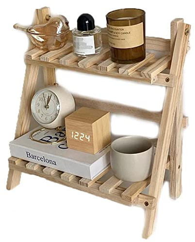 Wooden Double Layer Rack Desk Storage Organizer, Foldable 2-tier Ladder Shelves, Durable Shelf Flower Pot Seasoning Racks, Sundries Shelf, Home Decor Ladder
