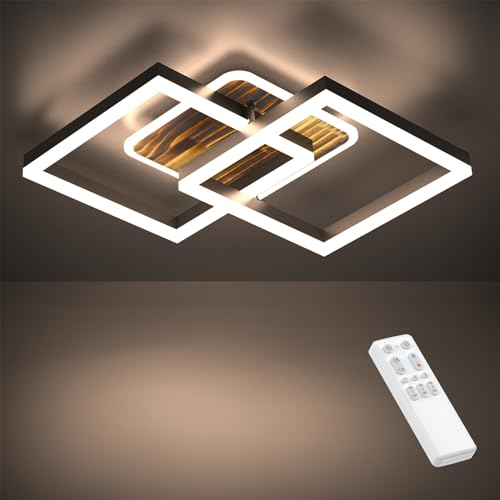 Anten LED Deckenlamape Wohnzimmer Vintage Geometrisch, 40W Wohnzimmerlampe mit Fernbedienung Stufenlos Dimmbar 3000-6500K, Deckenleuchte aus Metall für Wohnzimmer Schlafzimmer, Schwarz mit Holz