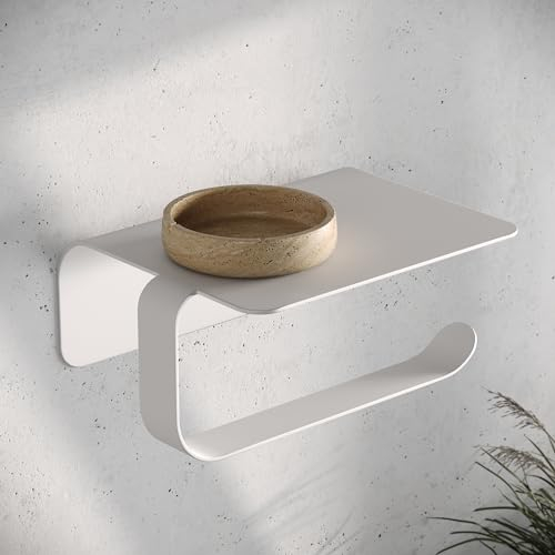 KAZAI.® Porta Rotolo Carta Igienica Leif Design - Con Ripiano | Da Muro con Adesivo (Nessuna Perforazione) | Acciaio Inossidabile | Portarotolo Bagno | Bianco Opaco