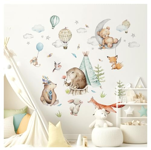 DEKO KINDERZIMMER Wandsticker Waldtiere Tipi Wandtattoo für Babyzimmer Luftballons Bär Wandaufkleber für Kinderzimmer Wanddeko DK1139-02