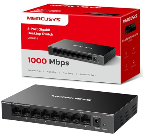 MERCUSYS Switch per computer Gigabit a 8 porte, 8 porte 10/100/1000 Mbps, installazione multipla, negoziazione automatica, MDI/MDIX, risparmio energetico, scatola di metallo, plug & play, nessuna