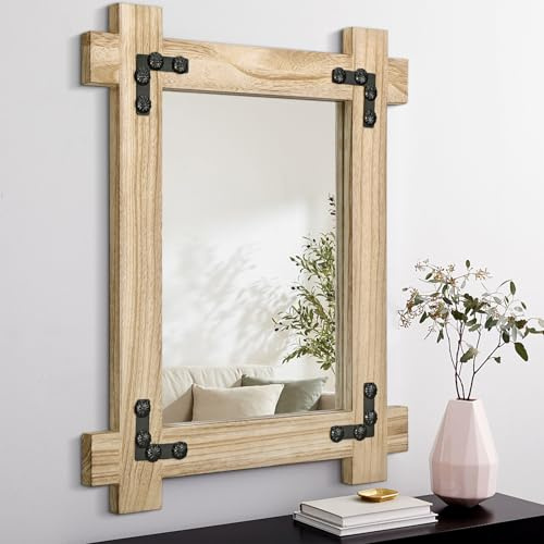 Lzuso Gerahmte Holzspiegel für Wanddekoration Rechteckig Bauernhaus Rustikal Hängender Spiegel für Zuhause Esszimmer Wohnzimmer Vintage Dekorativer Spiegel 70x50 cm Natürliche Holzfarbe