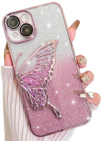 AIGOMARA Hülle Glitzer für iPhone 15, Handyhülle 3D Schmetterling Muster, Flüssig Treibsand, Schutzhülle Kameraschutz, Dünn Aesthetic Silikon Bumper Stoßfeste TPU Case, Mädchen Frauen, Rosa