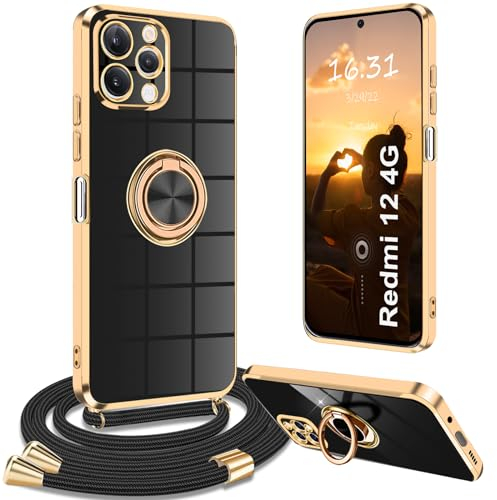 Yutwo Handykette für Xiaomi Redmi 12 4G Hülle mit Band, Handyhülle für Redmi 12 4G mit Band Kette Ständer Stoßfeste Schutzhülle, Schwarz