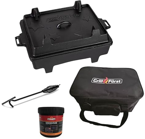 Grillfürst Dutch Oven ca. 6 Liter - stabil stehender Feuertopf durch speziell entwickelte T-Füße, hitzebeständiger Gusseisen Topf, Deckel nutzbar, BK6 inkl. Deckelheber, Tasche und Pflegepaste