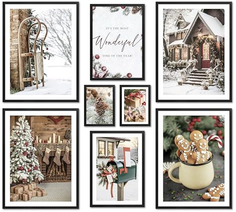 ARTFAVES® Poster Set - CHRISTMAS TIME - mehrteilige Wanddeko Wohnzimmer & Schlafzimmer - 8 moderne Wandbilder Weihnachten, Winter, Schnee, Weihnachtszeit - mit Rahmen Schwarz