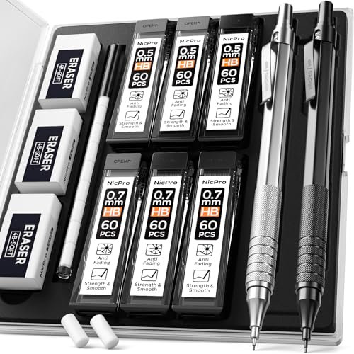 Nicpro MP1000 Lot de 2 porte-mines 0,5 mm et 0,7 mm avec étui, 6 tubes de mines HB, 3 gommes, 9 recharges de gomme pour art, écriture, dessin, noir et argenté
