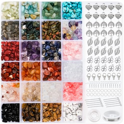 RUBY Edelstein Perlen, 24 Farben Edelsteine zum Auffädeln Naturstein Perlen, Schmuck Selber Machen Set für DIY Bastelperlen, Ringe Ohrringe Selber Machen