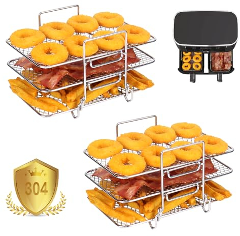 YQL 2PCS Three-Layer Air Fryer Racks for Ninja Foodi Dual Zone AF300UK, 304 Stainless Steel Stackable Airfryer Shelf Trays, Air Fryer Accessories for Ninja, Tower, Salter, EMtronics Double Basket